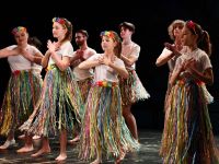 Dziewczęta i chłopcy w układzie tańca hawajskiego