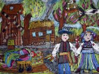 Filip Kuliński 7 lat, Młodzieżowy Dom Kultury- Filia „Przystanek Maciuś”, Płock , pastel olejny; „Chodzenie z Kurkiem dyngusowym”.