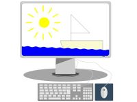rysunek monitora z jeziorem, żaglównką i słońcem